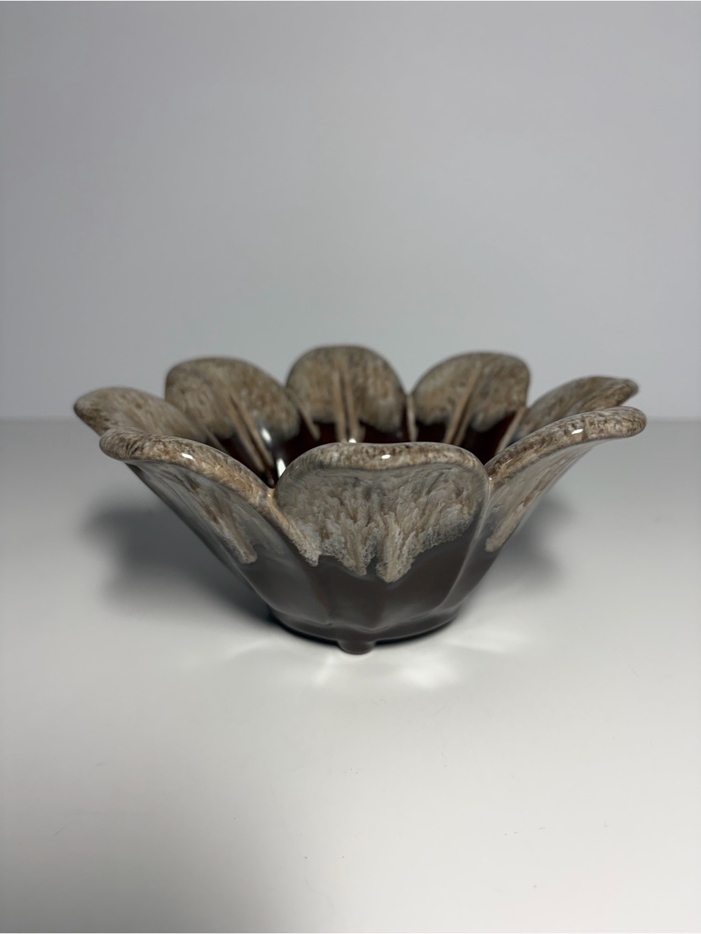Evangelina Canada Signed Flower Bowl Vintage 968 Brown Drip Pottery Decor MCM